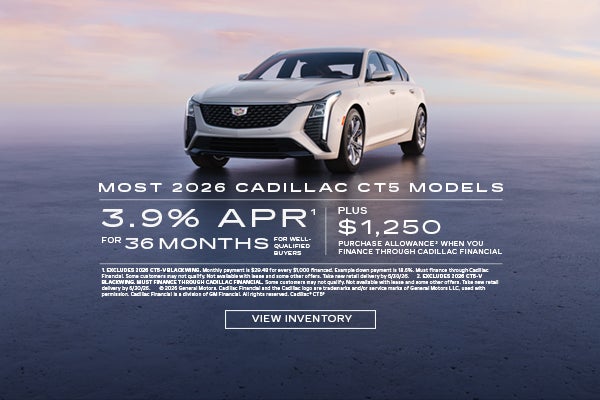 2026 Cadillac CT5. 3.9% APR for 36 months plus $1,250 purchase allowance.